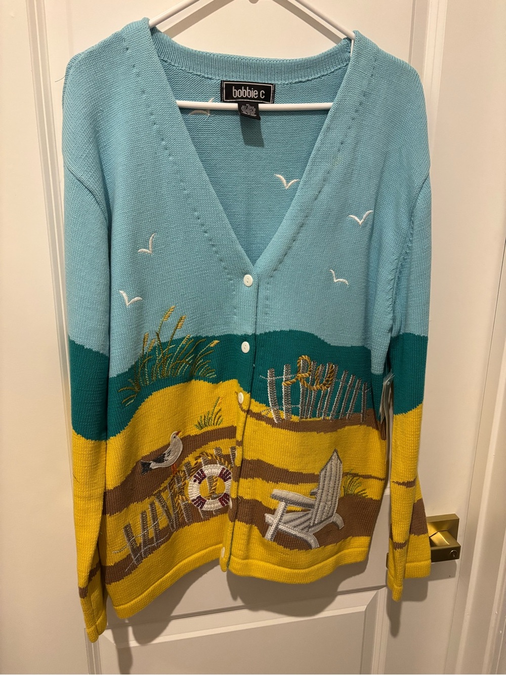 NWT Vintage Bobbie C embroidered beach seagulls sand dune cardigan sweater RARE